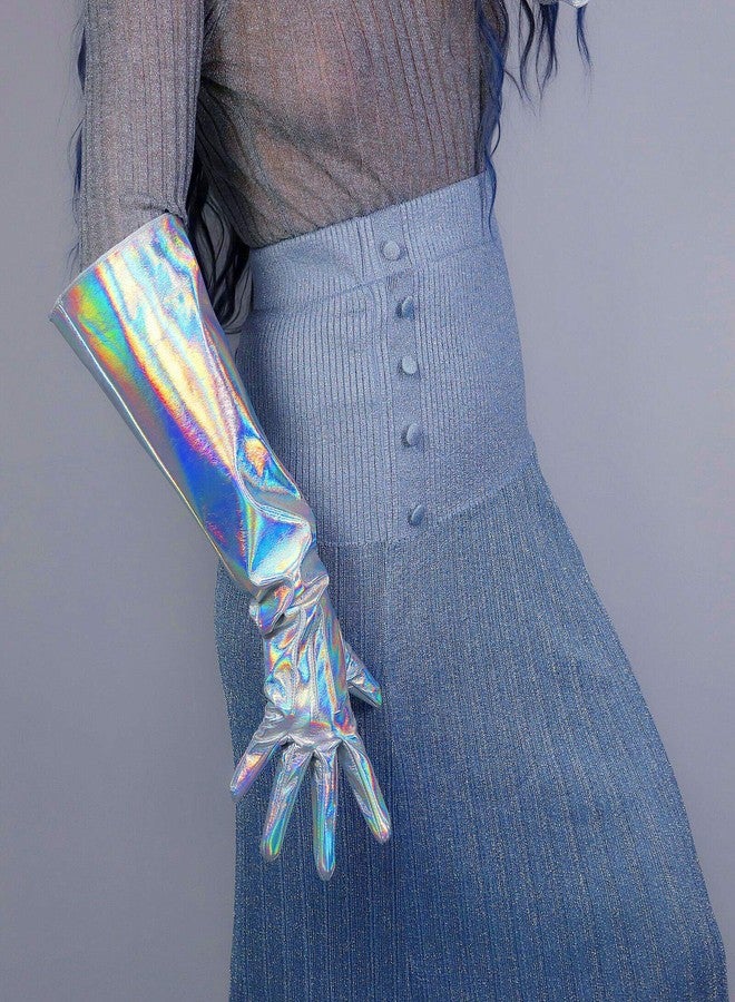 DooWay Long Leather Gloves for Women Faux Patent PU 20 inches Wide Sleeve Gauntlet Hologram Silver - Image 5